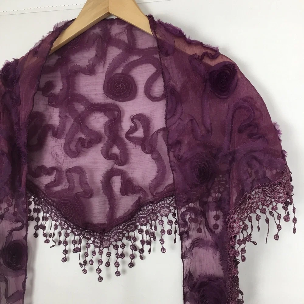 Victorian Chiffon Triangle Shawl Scarf Purple Floral Crochet Fringe Trim Sheer